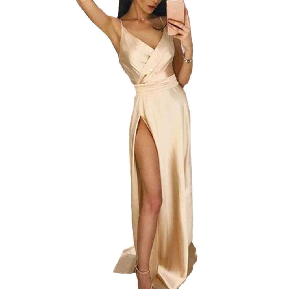 Spring European and American Sexy V-neck Strap Split or Dragging Women's Evening Dress 2024 New Casual Versatile Fashion Clothing