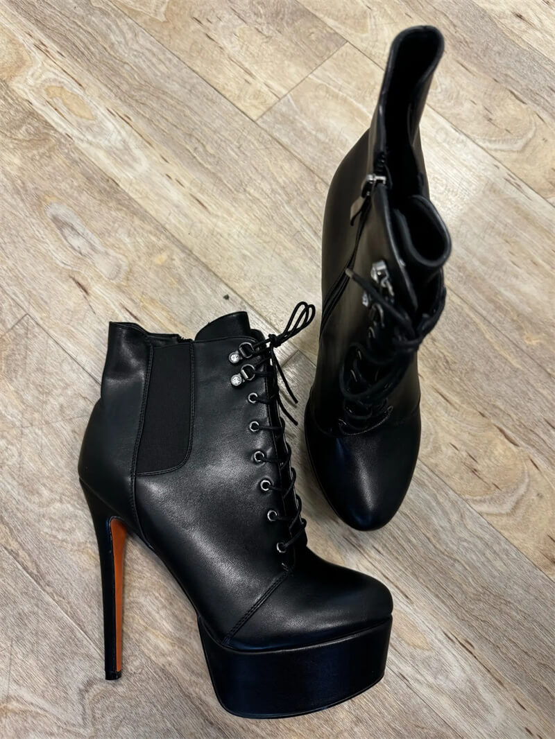 Onlymaker Women Platform Lace-Up Ankle Black Red Patent Leather Stiletto High Heels Boots Zipper Big Size Booties