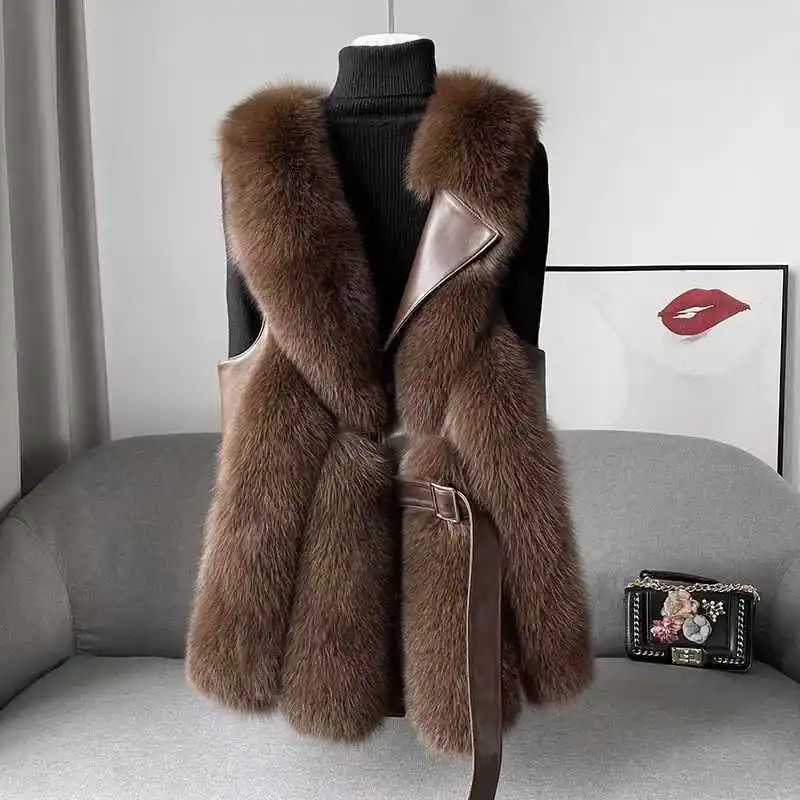 New Imitation Fur Vest With Belt Womens Slim Fit Fashion V-shaped Collar Solid Color Jacket Thickened Sveless Warm TopXJ241206
