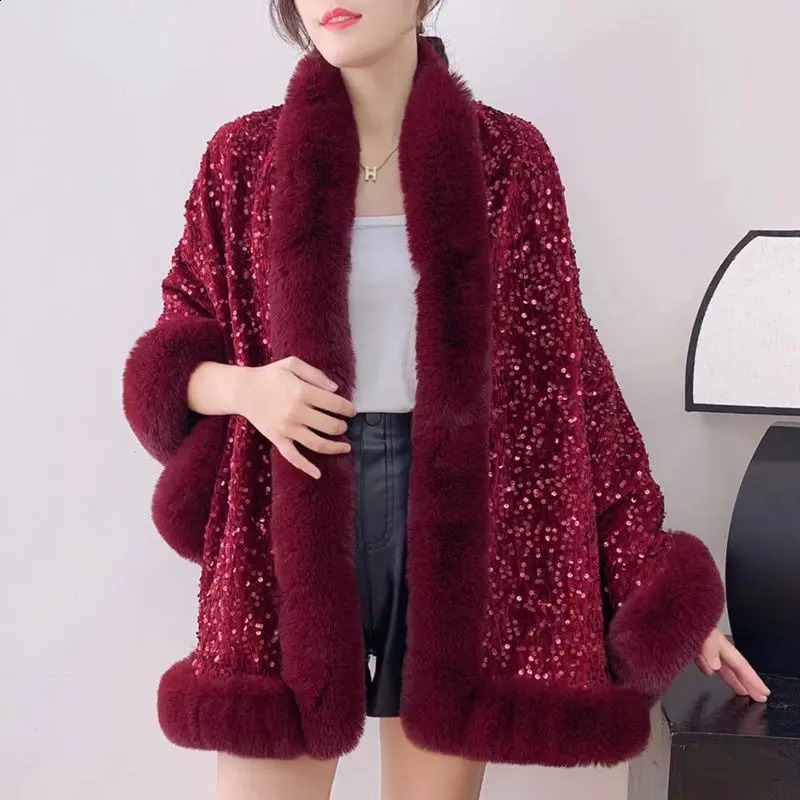 Womens Autumn Winter Fashion Sequined Cape Coat Women With Thicken Shawl Fur Collar Jacket Female Versatile Outerwear 2702 241204