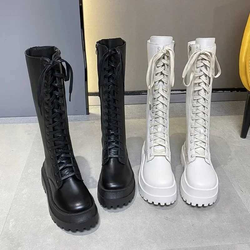 High Quality High Pedal Platform Leather Boots Lace Warm Motorcycle Boots Wedge Flat Shoes Warm Shoes Black Boots Zapatos De Mujer T241206