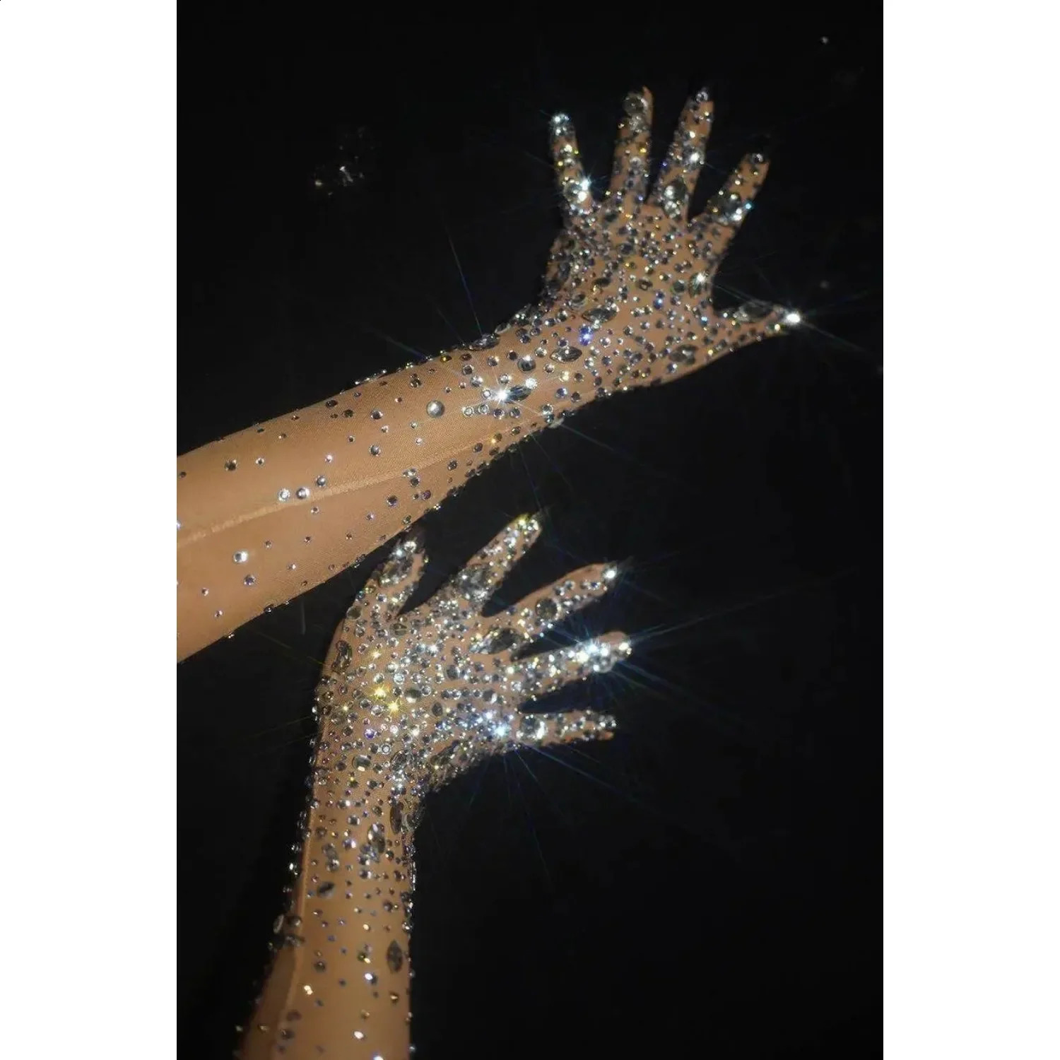 Womens sparkling crystal mesh long angle gloves elastic rhinestone gloves dance singer stage costume accessories 241206