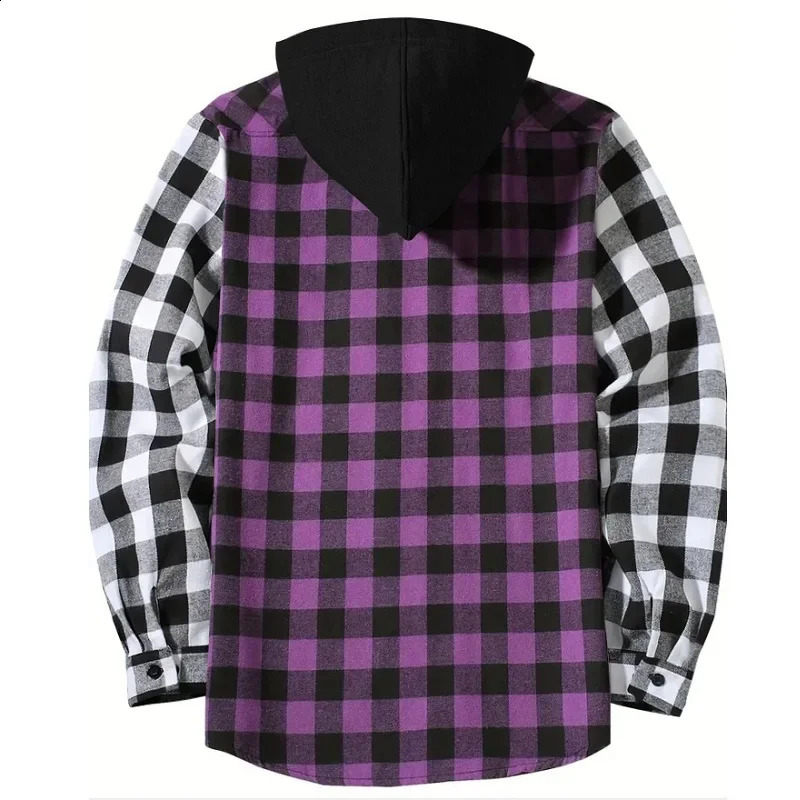 Mens hoodie plain weave patchwork color casual button long sleeved double pocket shirt hoodie flannel jacket spring and autumn top 241205