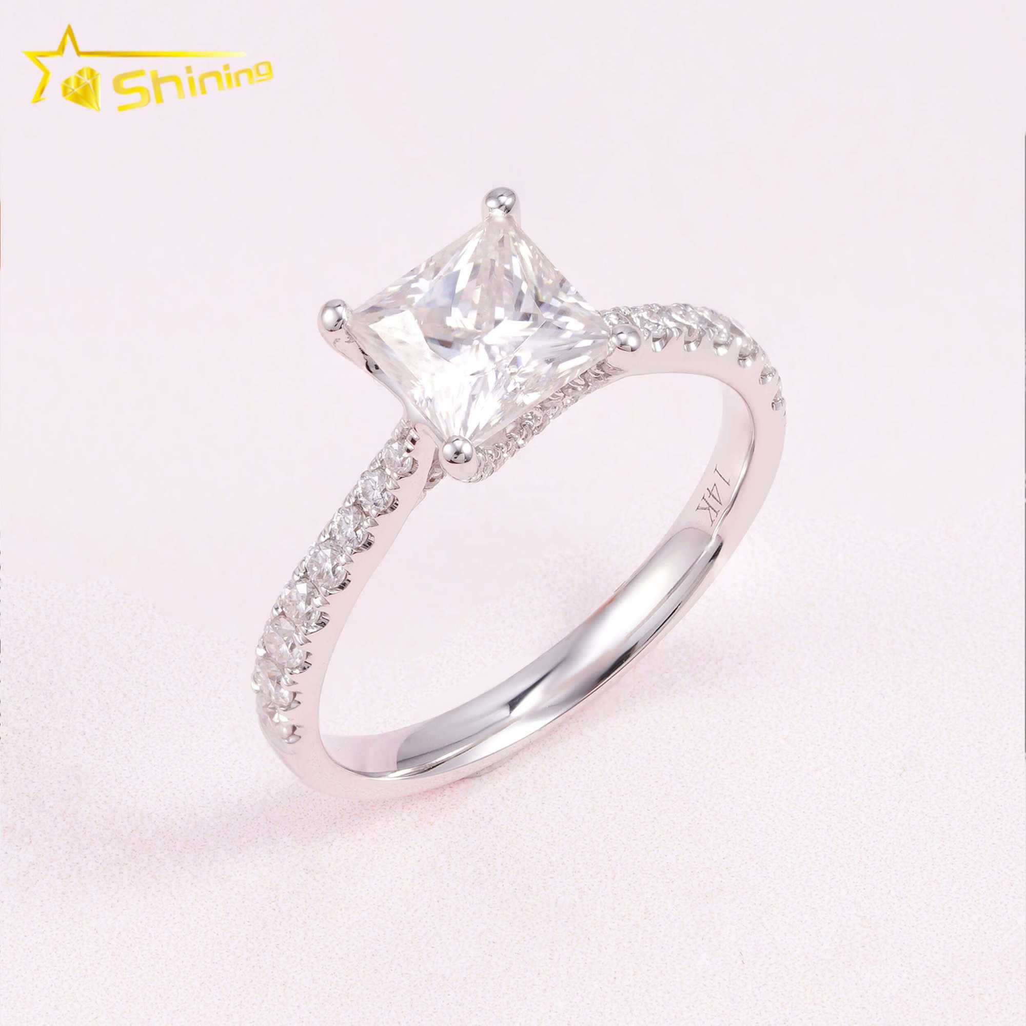 Pass Diamond Tester Classic 1ct Princess Cut VVS Moissanite Engagement Ring 14K Solid White Gold Wedding Women Ring