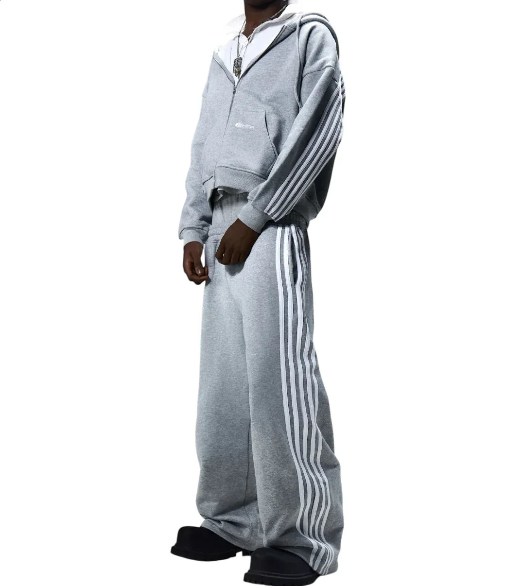 Y2k HCW sport two-piece set for men and women Harajuku hip-hop striped embroidered zipper hoodie fashionable sportswear pants set 241205