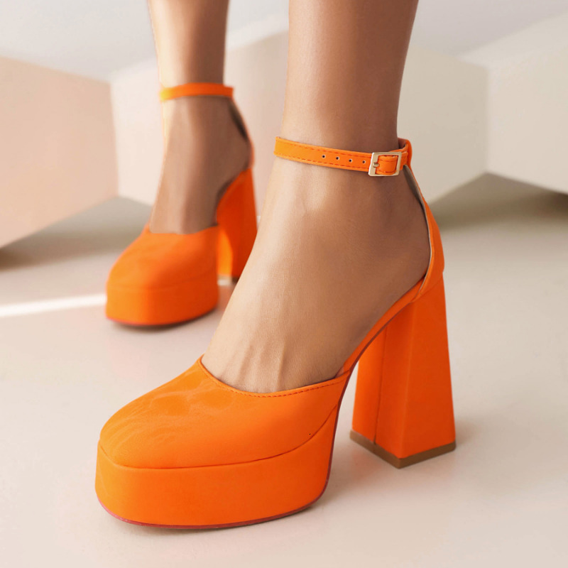 Summer Sliver Pink Retro Block 12Cm High-Heeled Ladies Buckle Strap Platform Sandals Orange Black Cover Heels Women Shoes Party