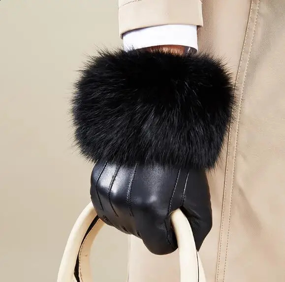 Leather gloves for womens winter cashmere touch screen leather gloves for womens real rabbit fur rabbit hair gloves HP513-02 241206