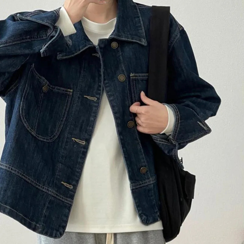 Womens retro denim jacket long sleeved lapel button up monochrome womens clothing spring autumn 2023 241206