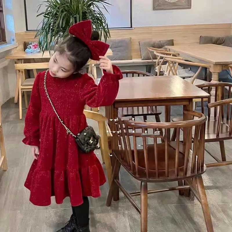 Girls Skirt Christmas and New Year Girls Skirt Canary Plus Velvet Thick Bow Dress Princess Dress 2024 New Winter Dress FashionXJ241206