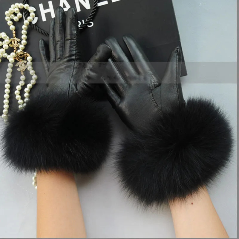 leather gloves with real fox fur womens fashion winter red hands warm black gloves driving mature fur gloves 241206