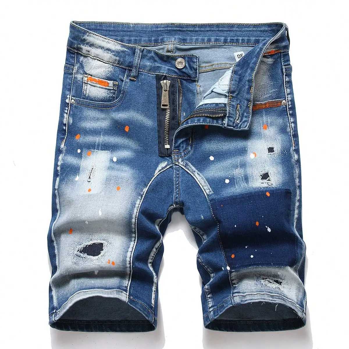 Mens Graffiti Ripped Short Jeans 2023 Summer New Fashion Casual Slim Big Hole Retro Style Denim Shorts Male Brand ClothesXJ241206