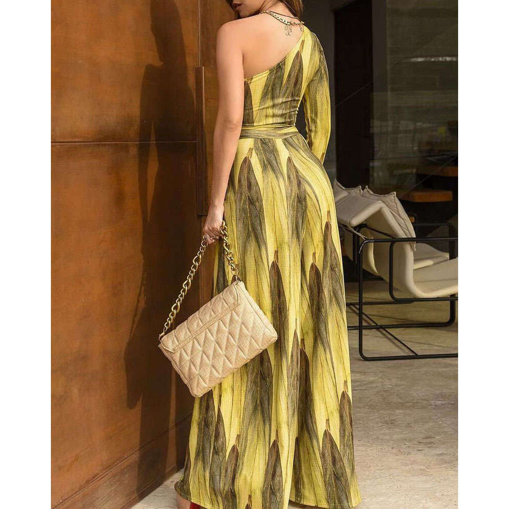 Spring/Summer Yellow Mid Waist Small Fragrant French Long Dress, Retro V-neck jumpsuit, Stylish Commuter Style 2024 New Casual Versatile Fashion Cloth