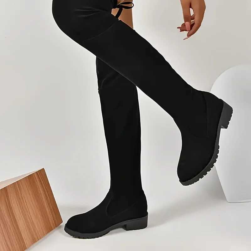 High Quality Artificial suede Fem autumn zipper elastic knee high boots used for lace high Gigh boots black Botas unprinted good products T241206