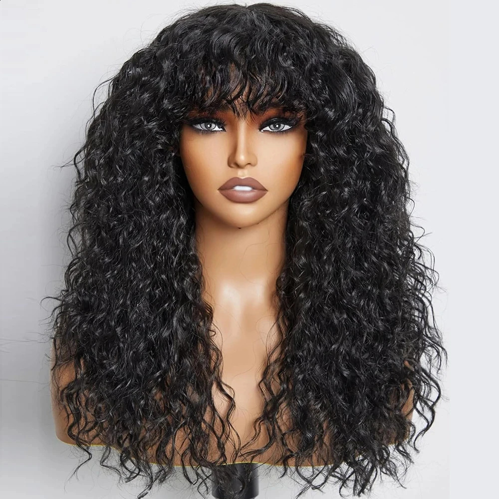 Long 30 32 water wave wig with bangs human hair wig 100% curly human hair wig wig with bangs 180 density machine made wig 241206