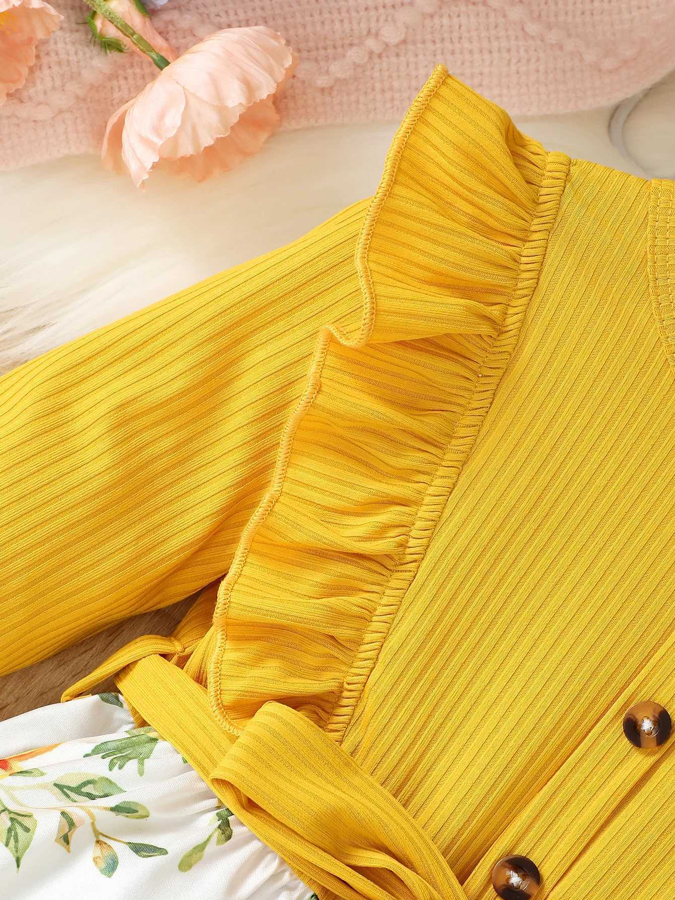 Casual And Comfortable Romantic Flower Pattern Flying Sleeve Long Sleeve Dress + Belt Spring And Autumn SleXJ241206