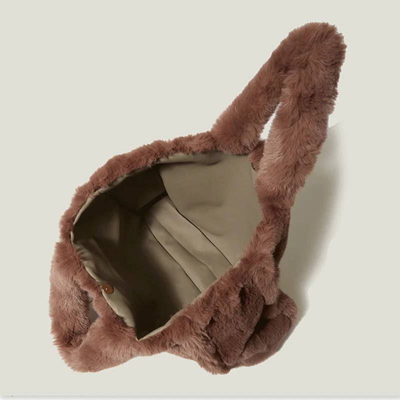 Winter Faux Fur Handbag ed Simple Stylish Large Tote Soft Women Shoulder Bag Phone Purses Work Bag 241206