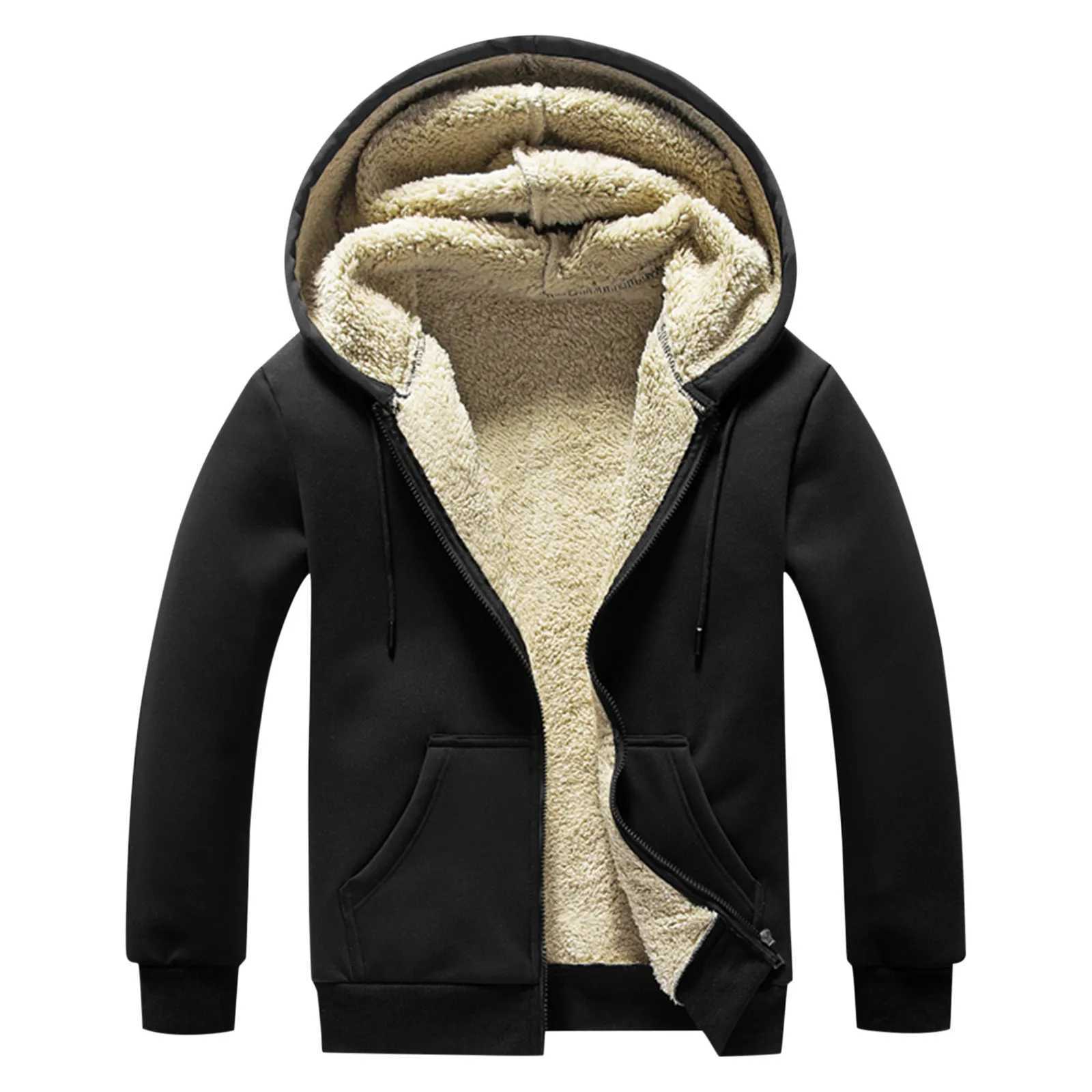 Men Winter Jackets Casual Solid Hooded Coat Long Sleeve Zipper Pocket Coat Splicing Warm Winter Lamb Wool Coat Hoodie OuterwearXJ241206