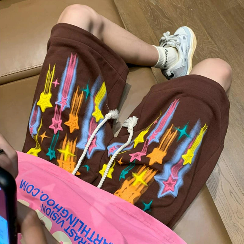Star Graffiti Short Men Casual Y2k Summer Shorts Hip Hop Baggy Wide Leg Pants Fashion Harajuku Oversize Korean Daily Sweat Pants 241206