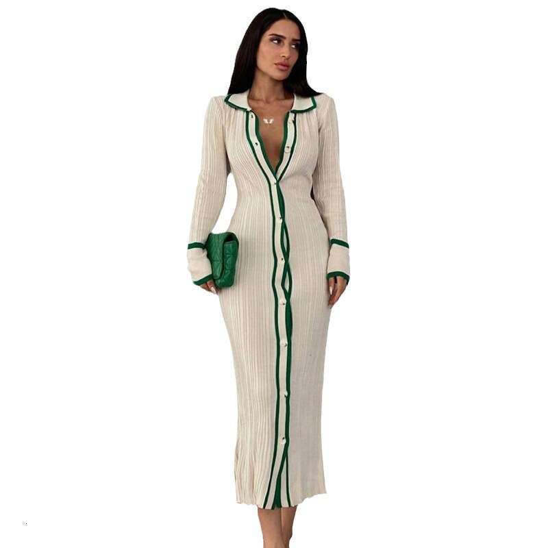 European and American slim fit lapel patchwork women's long sleeved cardigan dress 2024 new casual fashion trend clothing