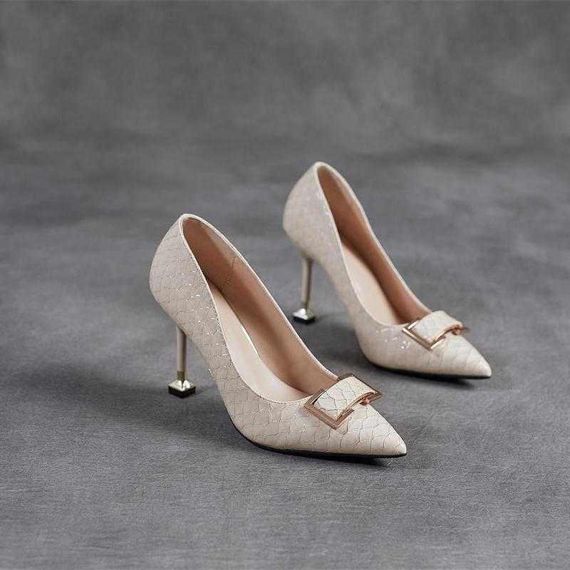 Heart Orchid Snake Pattern Buckle Thin Heel Solid Color Sexy High Heels Womens Daily Commuting Work Shoes Plus Large Size Fat Feet