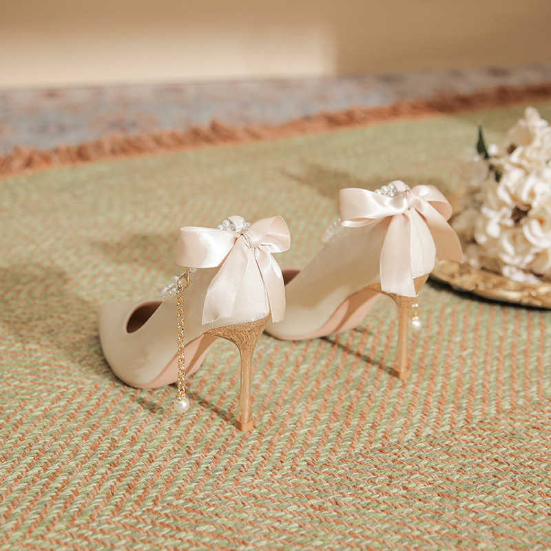 Heart Orchid New Ribbon Pearl Strap Pointed Narrow Heel High Heels Womens Versatile Commuting Sweet Series Large Size