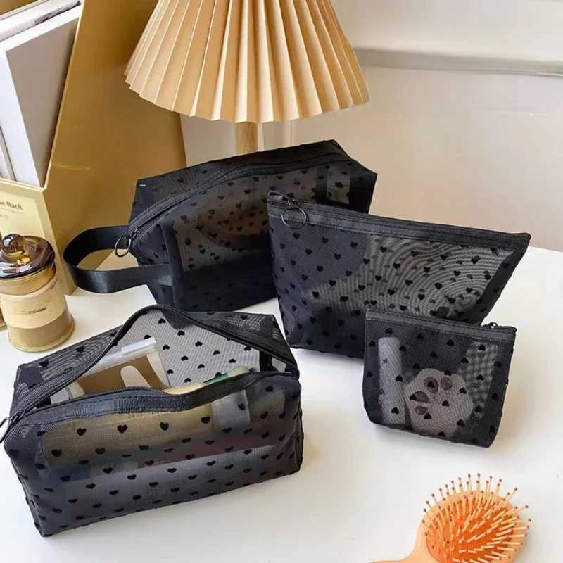 Love Print Mesh Cosmetic Bag Portable Toiletry Organizer Makeup Bag Multifuncti Transparent Women Lipstick Storage PouchXJ241206