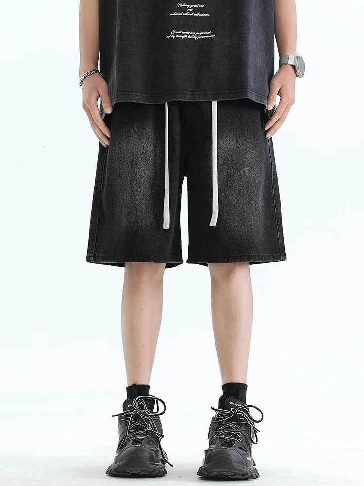 2024 New Summer Baggy Denim Shorts Men Hip Hop Streetwear Wide Leg Straight Jeans Shorts Drawstring Loose Men Casual Short PantsXJ241206