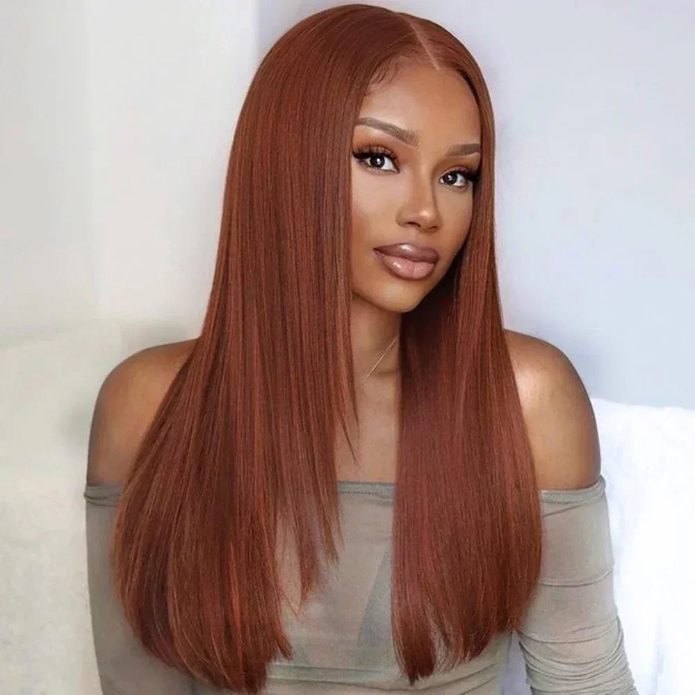 Reddish Brown Copper Red Synthetic Front Wigs For Black Women Layered Cut Glueless Straight Lace Wig