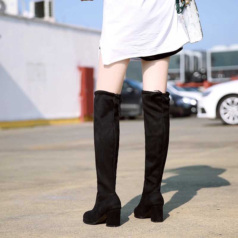 High Quality Summer Black Wens Boots Pointed Thin-over-the-knee Shoes Fi Versatile Cfortable Thick Heel Wens Mid-calf Boots T241206