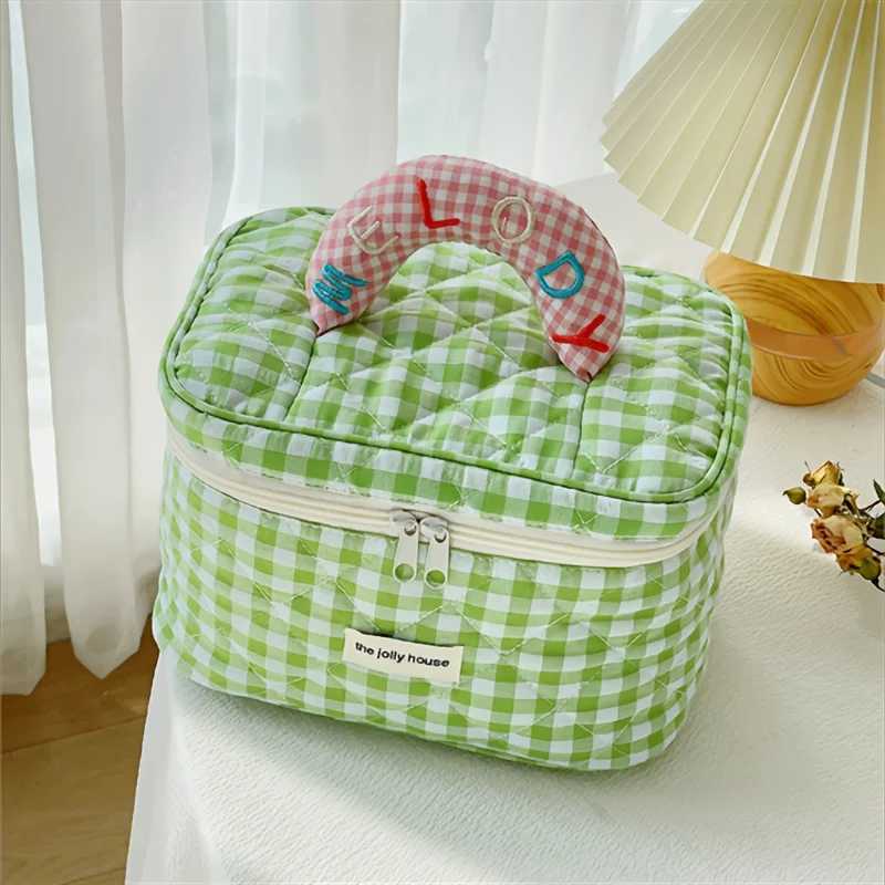 1pc cute color ctrast check delie bucket makeup bag for ladies outdoor travelXJ241206