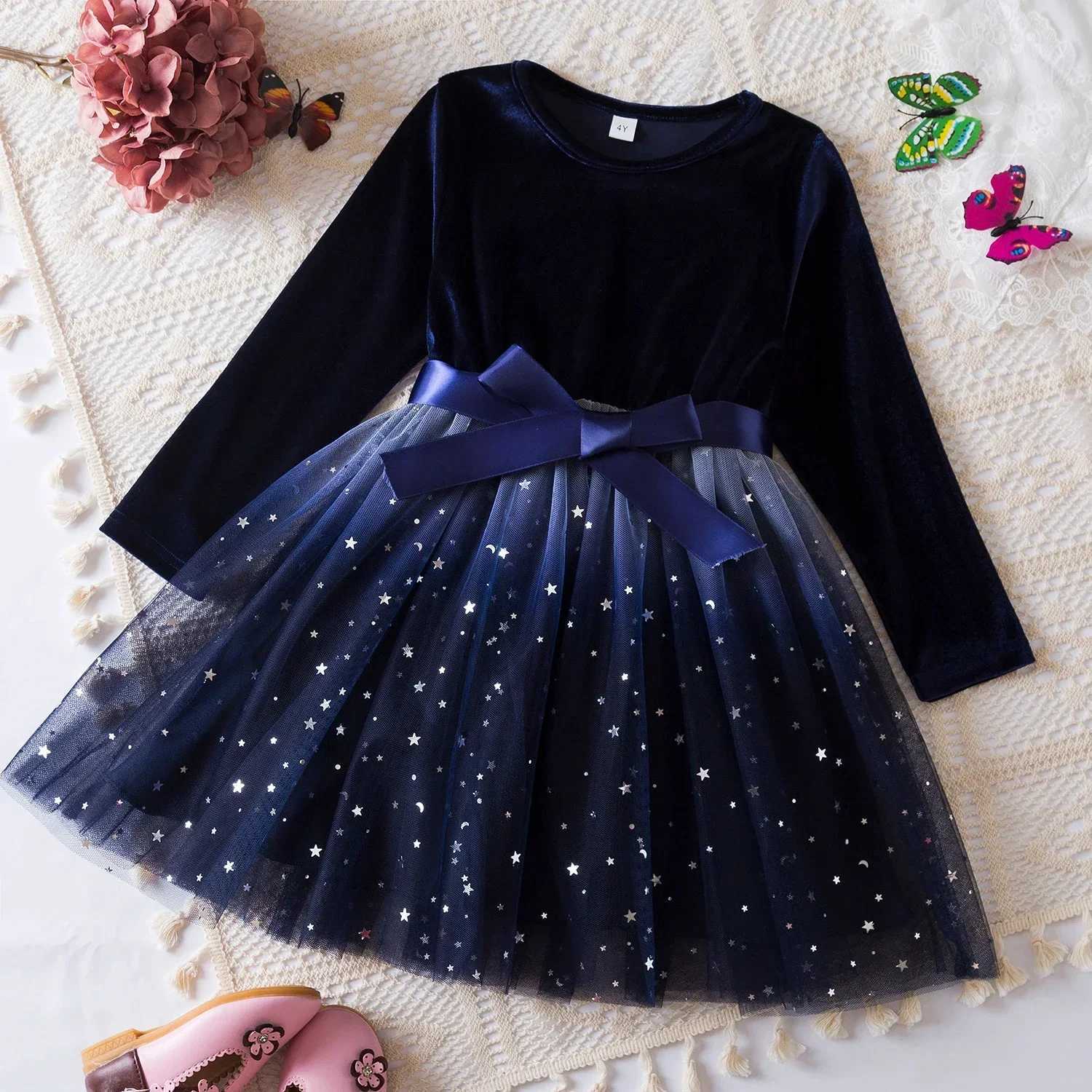 Kids Girls Red Christmas Dress New Sequin Birthday Princess Dress Bow Long Sleeve Mesh Casual Dress Children Autumn Clothes 3-8YXJ241206