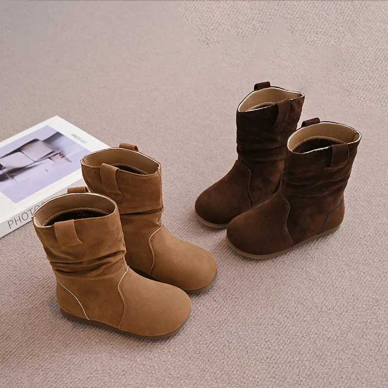 Children Stacked Leather Boots Girls Cowboy Fashion Boots Retro Sle Kids Flats Short Boots All Match Spring Autumn 2024 NewXJ241206