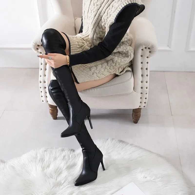 High Quality Long sleeved boots Wen Chunqiu shoes black thin high sexy toe Lg Bota Fnina 10cm H Botas De Mujer T241206