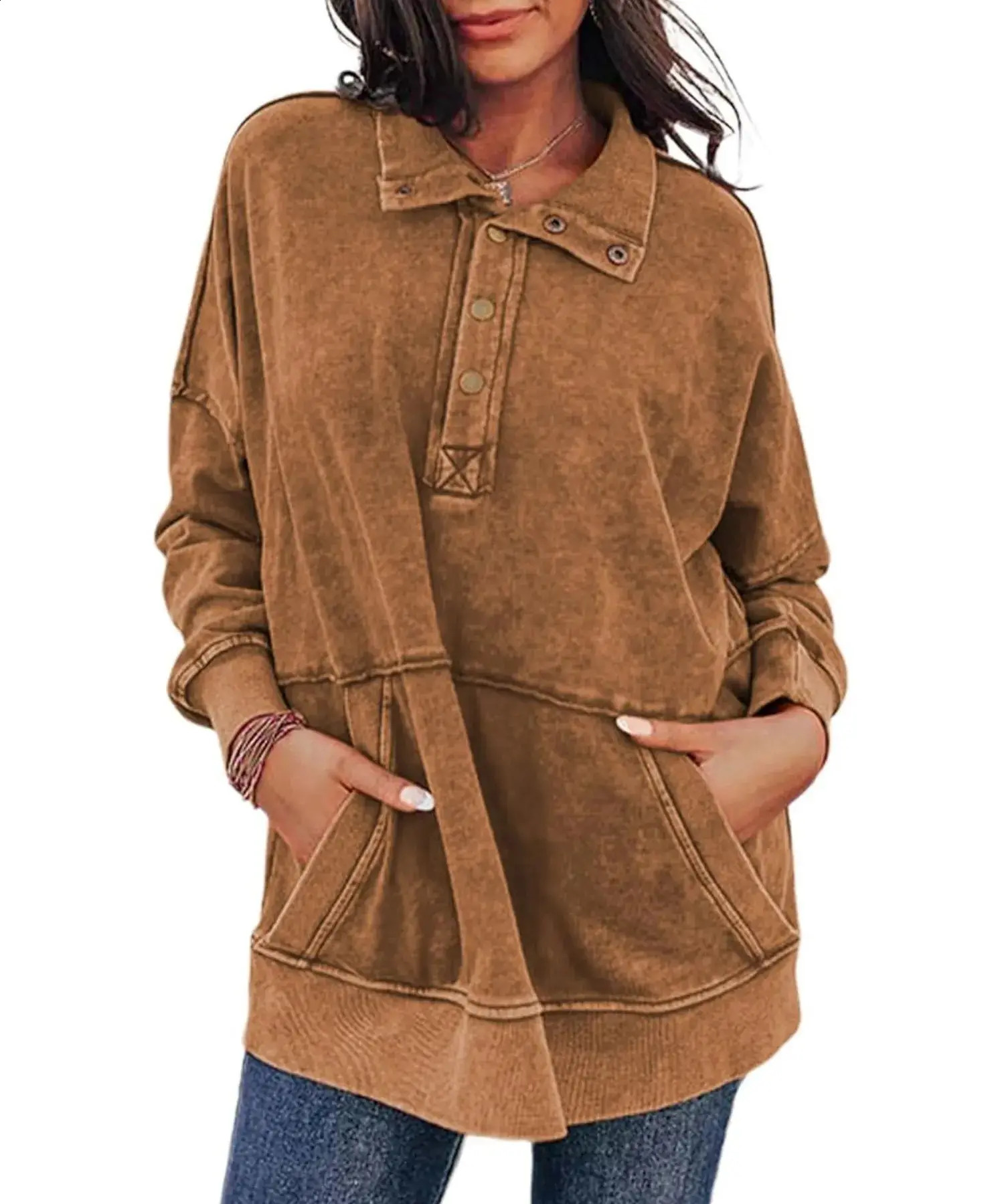 Womens Collar Button Pocket Wash Hoodie Pullover for Women 241203