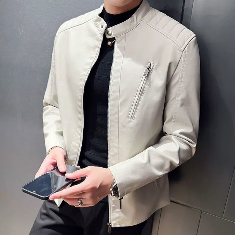 Spring and Autumn Mens Motorcycle Leather Jacket Casual Stand Collar Solid Color White Black Zip Up PU Coat 251015