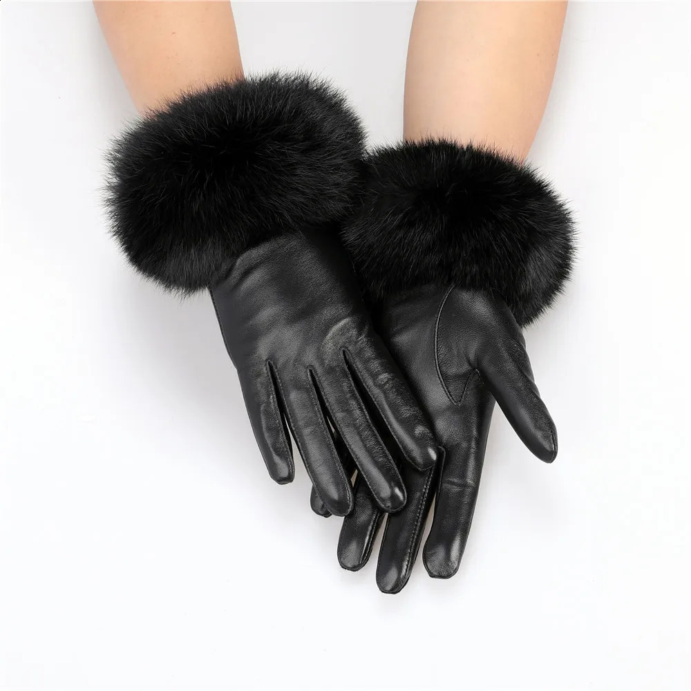 ly arrived wholesale womens genuine sheepskin leather gloves with rabbit fur cuffs womens bicycle warm gloves wool lining 241206