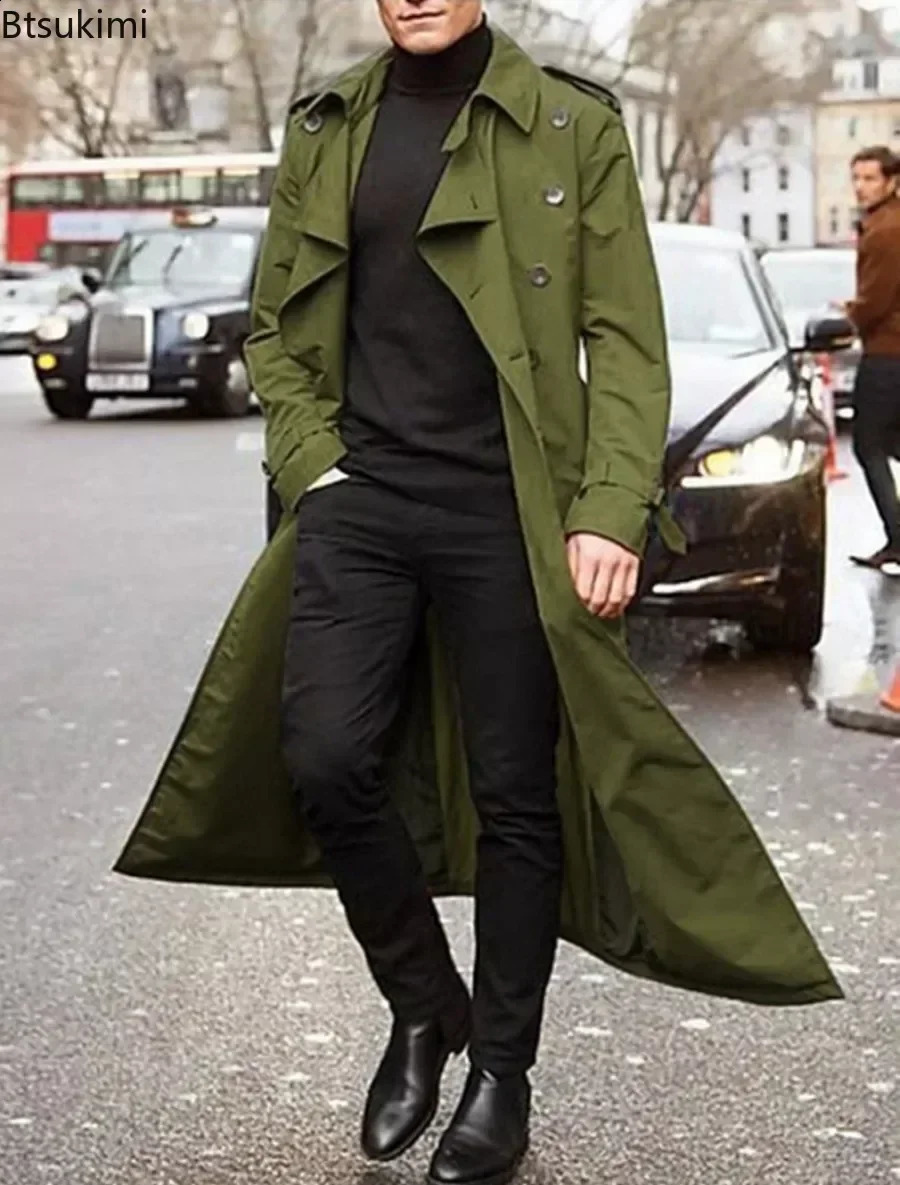 2024 Spring Autumn Mens Overcoat Vintage Long Trench Coat Men Jacket Coats Business Casual Solid Windbreak Outwear 241202