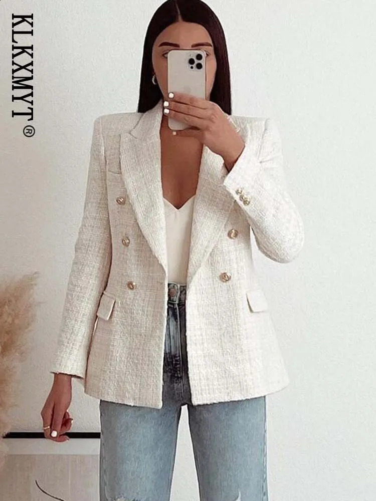 TRAF Women Blazer Jacket Fashion Double Breasted Tweed Blazers Coat Vintage Long Sleeve Female Outerwear Chic Tops 241204