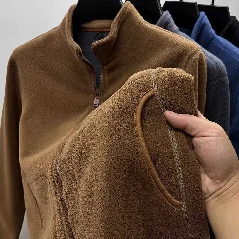 Autumn Polar Fleece Cardigan Sweatshirts Mens Stand Up Collar Zipper Jackets Y2K Vintage Solid Color Coats Basic TracksuitXJ241206