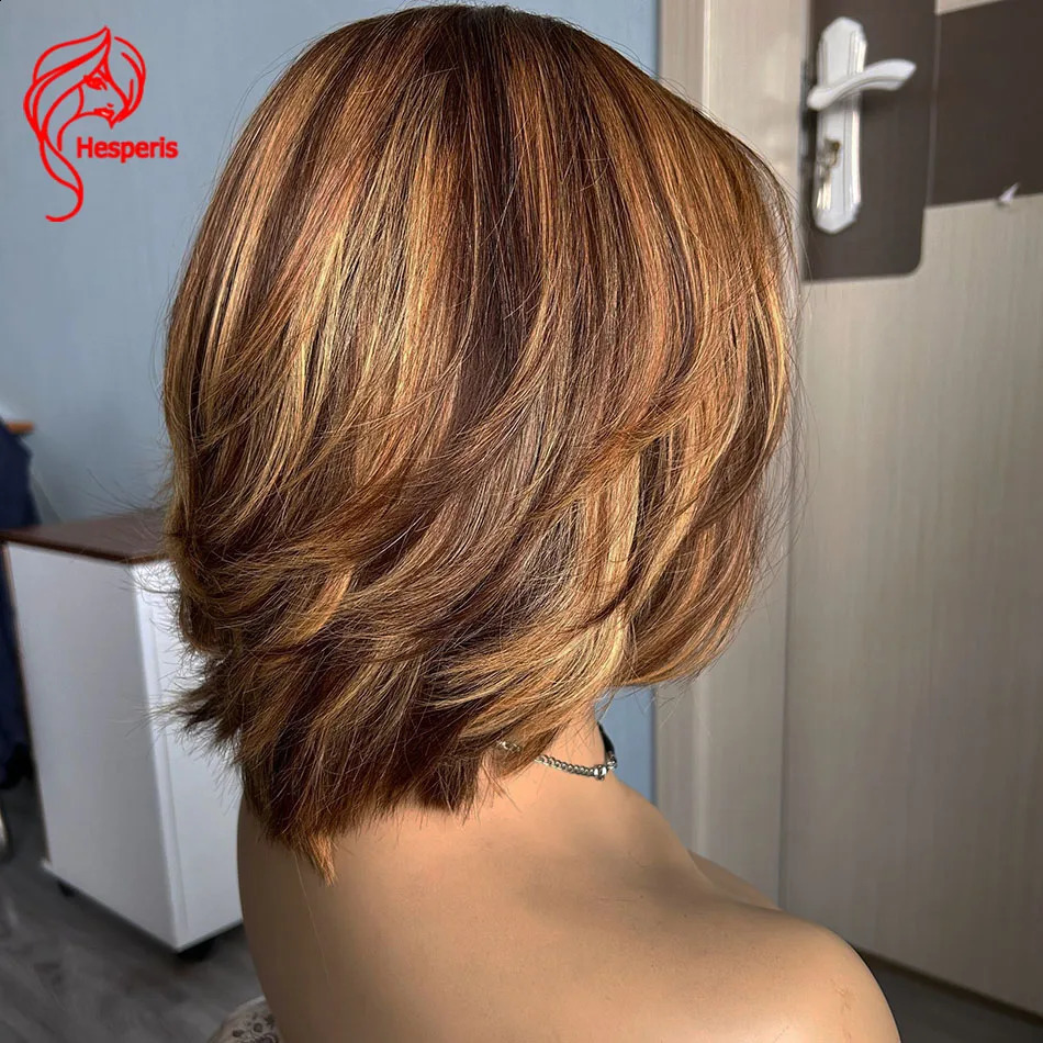 Hesperids Honey Blonde Highlight Full Machine Wig Human Hair Brazilian Remy Short Bob Scissors Wig Strap Hairband Hairpin Scalp Top Ombre 241206
