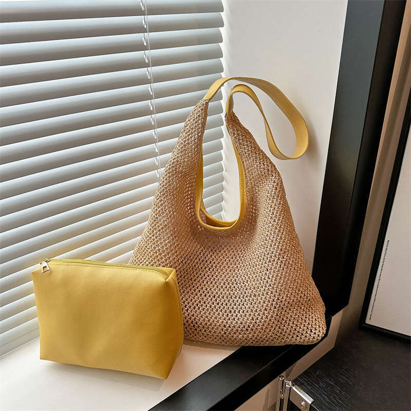 Vintage Tote Straw Woven Large Capacity Underarm Single Shoulder Women's Vacation Style Beach Mother Bag, Fashionable Quality, Classic B2