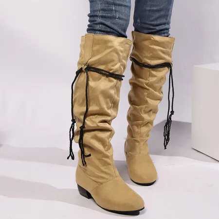 High Quality New Bun Knee Boots 3cm Square Heel Wrinkle Round Toe and Suede Black Almond Casual Large Size 44 45 46 47 T241206