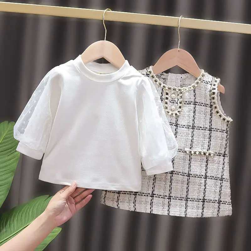 2022 New Girls Two-piece One-piece Dress for Girls Little Fragrance Western Sle Plaid Dress for Spring and AutumnXJ241206