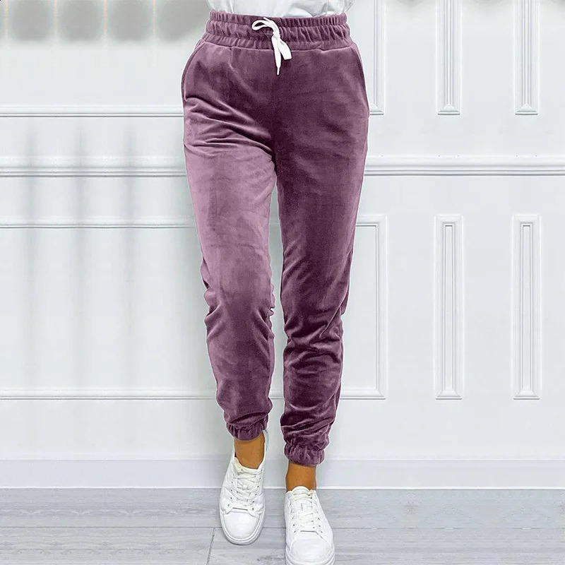 Solid color brushed velvet jogging pants suitable for casual pants in autumn and winter womens clothing 241202