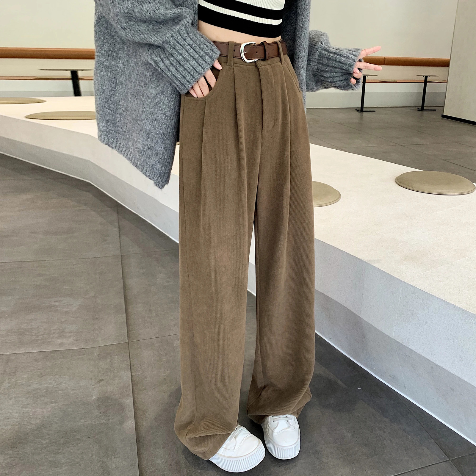 Womens Winter Womens Velvet Pants Wide Legs High Waist Floor Length Inner Wool Pants Womens Straight Pants 241202