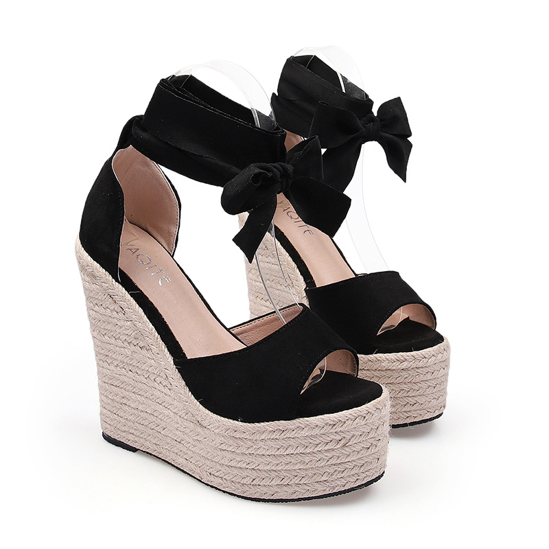 Summer Fashion Print Ankle Tie Wedge Yellow Multicolors Braided Weave Platform Wedged Heels Sandals Shoes For Women Summer