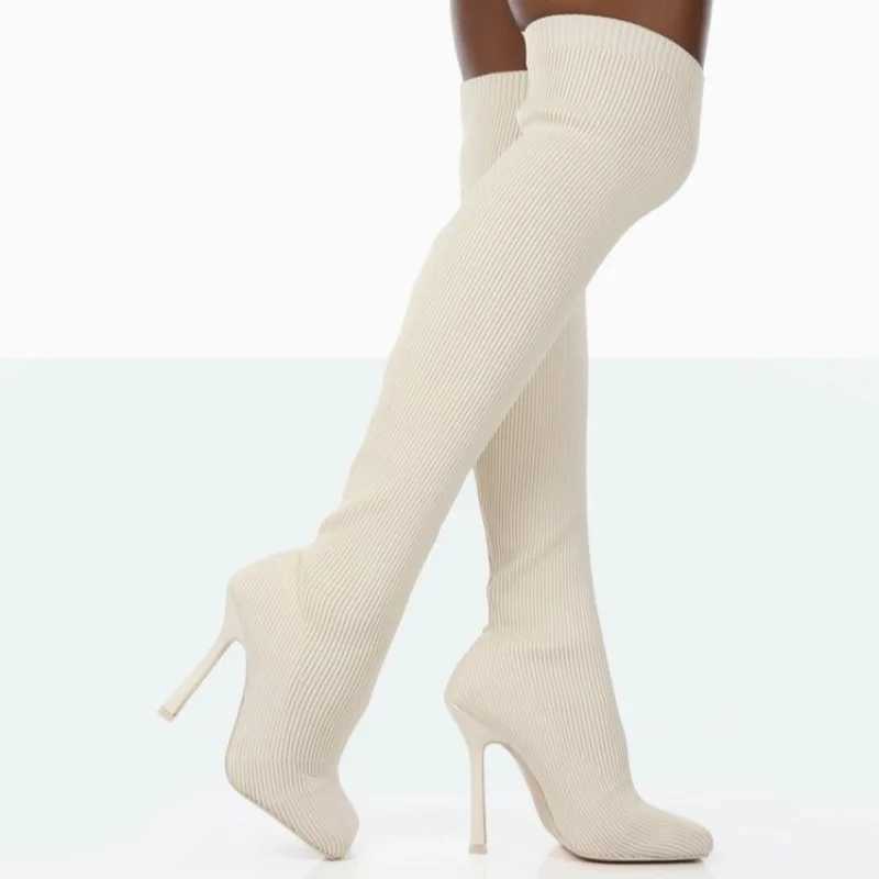 High Quality Knitted elastic knee high boots square toe slim high heels sliding boots winter shoes party dresses sexy Ccise T241206