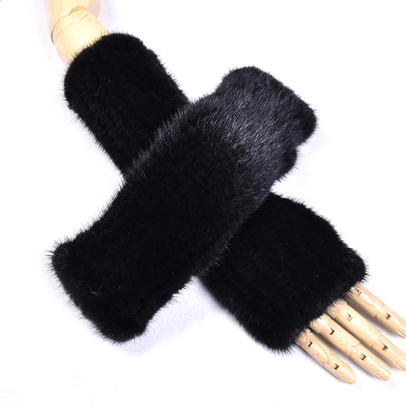 Womens genuine leather mink fur long Hepburn style gloves warm arms hand knitted high elasticity half finger sleeves autumn winter 241206
