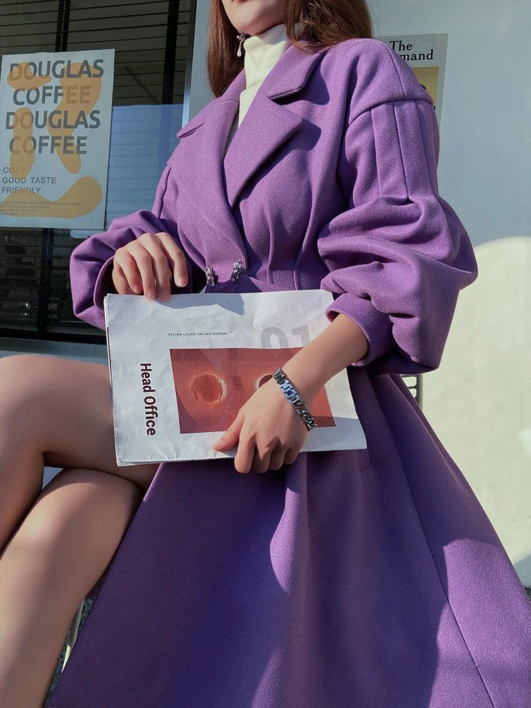 Dabuwawa elegant ultra-thin waist slimming lantern sleeve swing wool coat womens autumn and winter high-end purple cashmere coat 241205