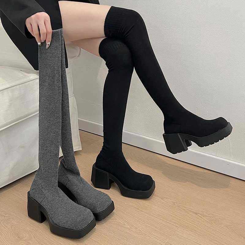 High Quality Autumn Winter Warm Platform Knee Boots Womens Long Sleeve Knitted Socks Lg Boots Sliding Block Thick Robot Shoe Ring T241206